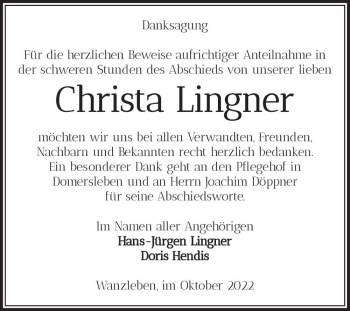 Traueranzeige von Christa Lingner  von Magdeburger Volksstimme