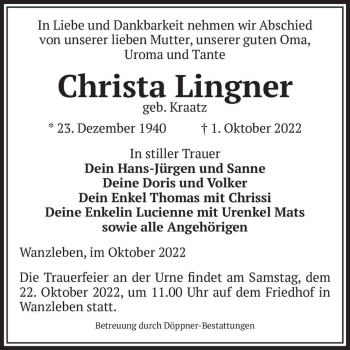 Traueranzeige von Christa Lingner (geb. Kraatz)  von Magdeburger Volksstimme