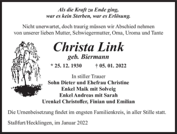 Traueranzeige von Christa Link (geb. Biermann)  von Magdeburger Volksstimme