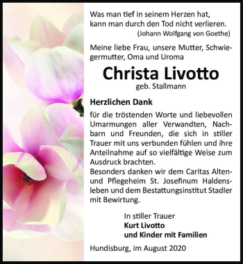 Traueranzeige von Christa Livotto (geb. Stallmann)  von Magdeburger Volksstimme