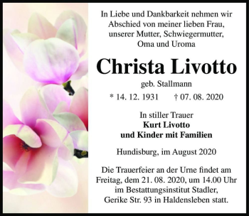 Traueranzeige von Christa Livotto (geb. Stallmann)  von Magdeburger Volksstimme