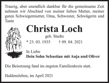 Traueranzeige von Christa Loch (geb. Studte)  von Magdeburger Volksstimme