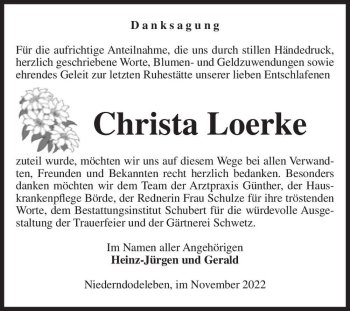 Traueranzeige von Christa Loerke  von Magdeburger Volksstimme