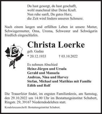 Traueranzeige von Christa Loerke (geb. Gadau)  von Magdeburger Volksstimme