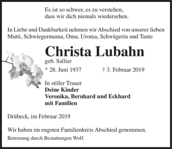 Traueranzeige von Christa Lubahn (geb. Sallier)  von Magdeburger Volksstimme