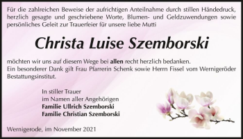 Traueranzeige von Christa Luise Szemborski  von Magdeburger Volksstimme