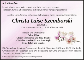 Traueranzeige von Christa Luise Szemborski (geb. Weber)  von Magdeburger Volksstimme