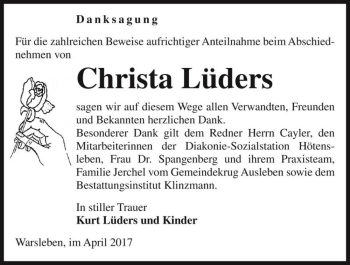 Traueranzeige von Christa Lüders  von Magdeburger Volksstimme