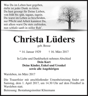 Traueranzeige von Christa Lüders (geb. Bosse)  von Magdeburger Volksstimme