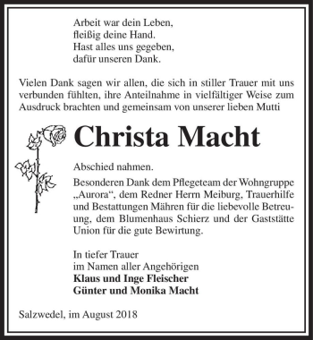 Traueranzeige von Christa Macht  von Magdeburger Volksstimme