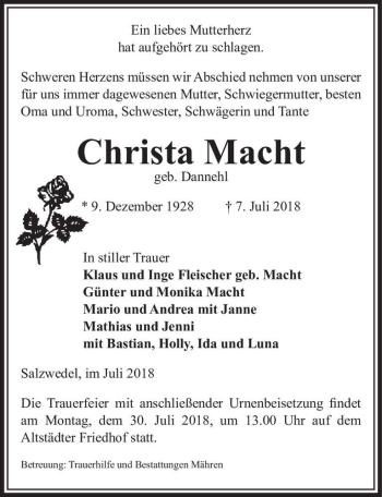 Traueranzeige von Christa Macht (geb. Dannehl)  von Magdeburger Volksstimme