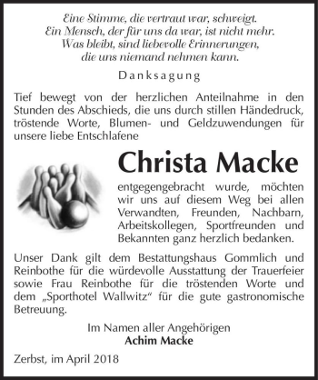 Traueranzeige von Christa Macke  von Magdeburger Volksstimme