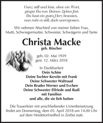 Traueranzeige von Christa Macke (geb. Röscher)  von Magdeburger Volksstimme