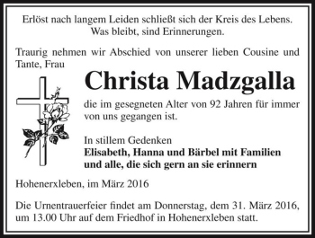Traueranzeige von Christa Madzgalla  von Magdeburger Volksstimme
