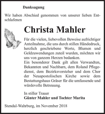 Traueranzeige von Christa Mahler  von Magdeburger Volksstimme