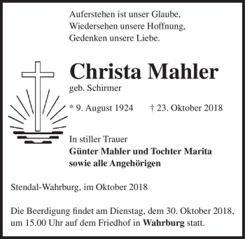Traueranzeige von Christa Mahler (geb. Schirmer)  von Magdeburger Volksstimme