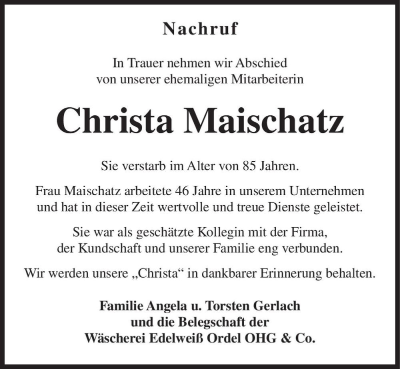  Traueranzeige für Christa Maischatz  vom 06.02.2021 aus Magdeburger Volksstimme