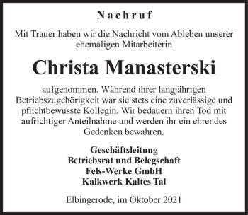Traueranzeige von Christa Manasterski  von Magdeburger Volksstimme