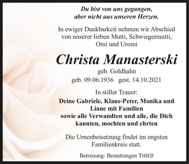  Traueranzeige für Christa Manasterski (geb. Goldhahn)  vom 23.10.2021 aus Magdeburger Volksstimme