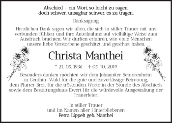 Traueranzeige von Christa Manthei  von Magdeburger Volksstimme
