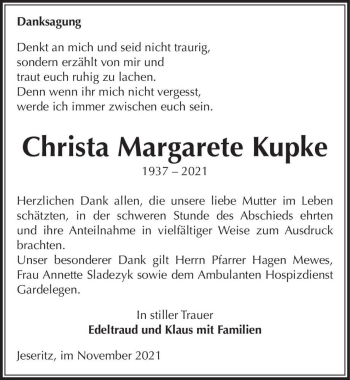 Traueranzeige von Christa Margarete Kupke  von Magdeburger Volksstimme