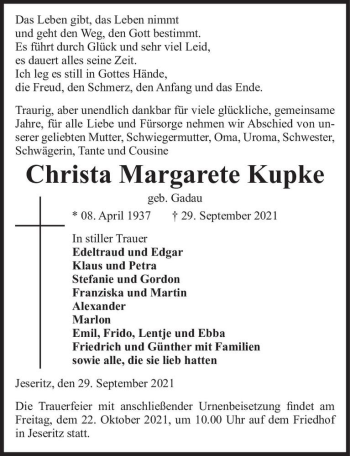 Traueranzeige von Christa Margarete Kupke (geb. Gadau)  von Magdeburger Volksstimme
