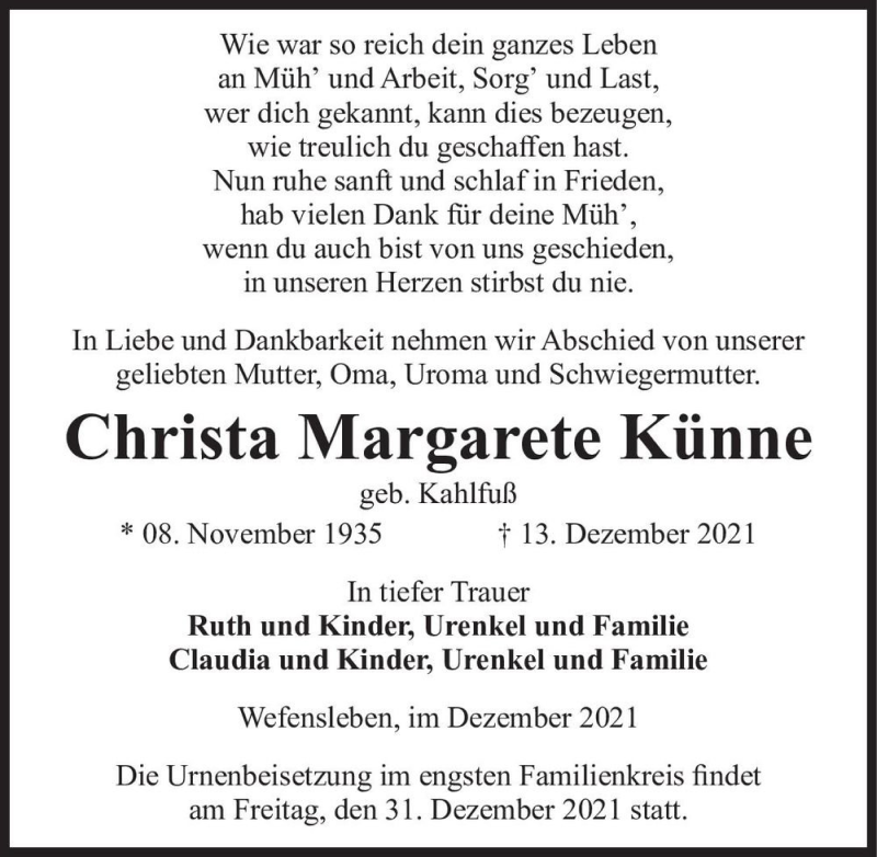  Traueranzeige für Christa Margarete Künne (geb. Kahlfuß)  vom 18.12.2021 aus Magdeburger Volksstimme