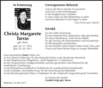 Traueranzeige von Christa Margarete Tarras (geb. Peine)  von Magdeburger Volksstimme