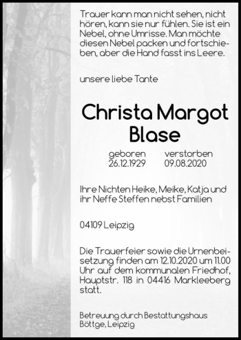 Traueranzeige von Christa Margot Blase  von Magdeburger Volksstimme