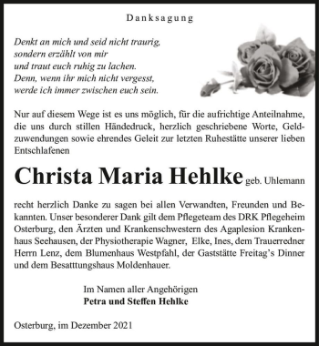 Traueranzeige von Christa Maria Hehlke (geb. Uhlemann)  von Magdeburger Volksstimme