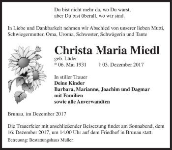 Traueranzeige von Christa Maria Miedl (geb. Lüder)  von Magdeburger Volksstimme