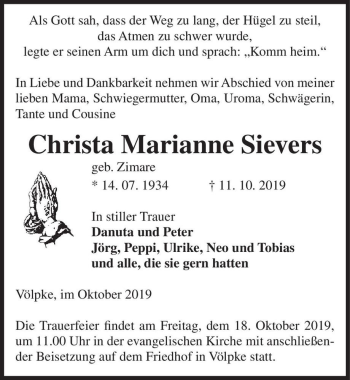 Traueranzeige von Christa Marianne Sievers (geb. Zimare)  von Magdeburger Volksstimme