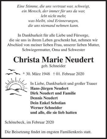 Traueranzeige von Christa Marie Neudert (geb. Schneider)  von Magdeburger Volksstimme