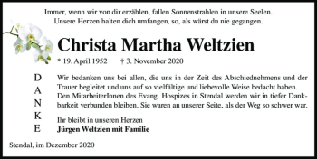 Traueranzeige von Christa Martha Weltzien  von Magdeburger Volksstimme
