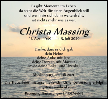 Traueranzeige von Christa Massing  von Magdeburger Volksstimme