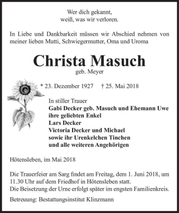 Traueranzeige von Christa Masuch (geb. Meyer)  von Magdeburger Volksstimme