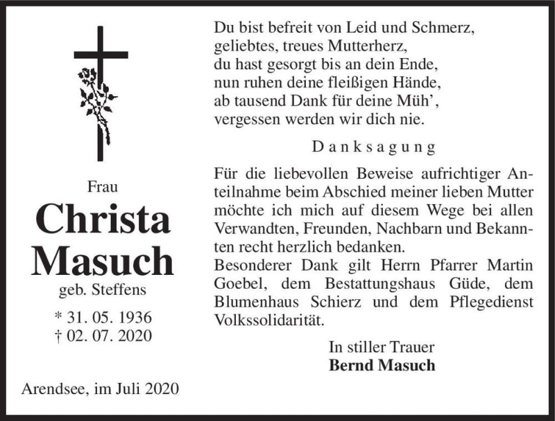 Traueranzeige für Christa Masuch (geb. Steffens)  vom 22.07.2020 aus Magdeburger Volksstimme