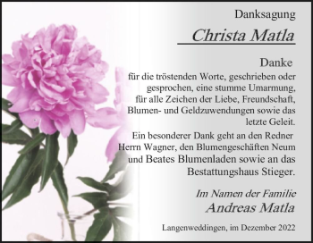 Traueranzeige von Christa Matla  von Magdeburger Volksstimme