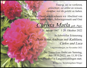Traueranzeige von Christa Matla. (geb. Pape)  von Magdeburger Volksstimme