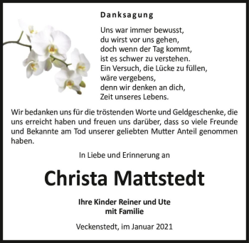 Traueranzeige von Christa Mattstedt  von Magdeburger Volksstimme