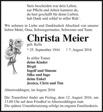 Traueranzeige von Christa Meier (geb. Kelle)  von Magdeburger Volksstimme