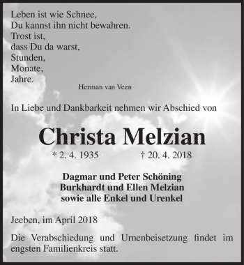 Traueranzeige von Christa Melzian  von Magdeburger Volksstimme