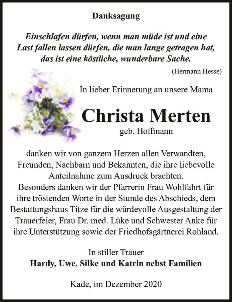  Traueranzeige für Christa Merten (geb. Hoffmann)  vom 24.12.2020 aus Magdeburger Volksstimme