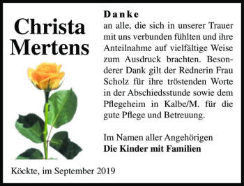 Traueranzeige von Christa Mertens  von Magdeburger Volksstimme