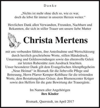 Traueranzeige von Christa Mertens  von Magdeburger Volksstimme