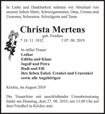 Traueranzeige von Christa Mertens (geb. Fonfara)  von Magdeburger Volksstimme