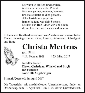 Traueranzeige von Christa Mertens (geb. Ulrich)  von Magdeburger Volksstimme