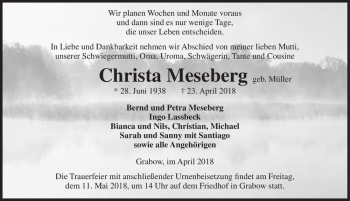 Traueranzeige von Christa Meseberg (geb. Müller)  von Magdeburger Volksstimme