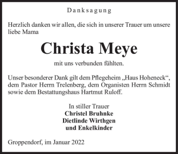 Traueranzeige von Christa Meye  von Magdeburger Volksstimme