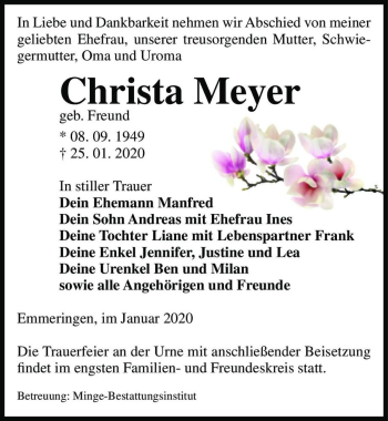Traueranzeige von Christa Meyer (geb. Freund)  von Magdeburger Volksstimme